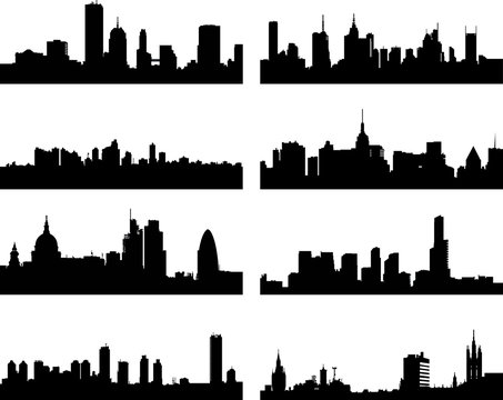 A collage of eight different European city silhouettes