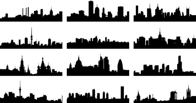 A collage of twelve different European city silhouettes