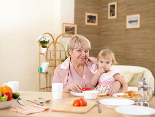 Obraz na płótnie Canvas grandmother feeding granddaughter at home