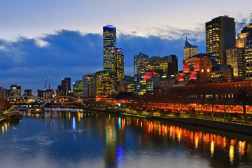 Downtown of Melbourne at night, Yarra river