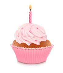 Pink birthday cupcake with burning candle