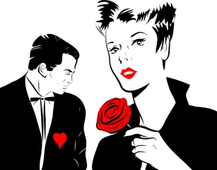 Crédence de cuisine en verre imprimé Des bandes dessinées jeune femme amoureuse rose rouge homme coeur