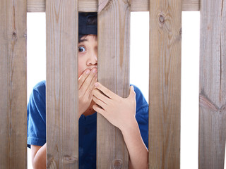 child looking through a fence
