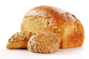 Loaf of bread and rolls isolated on white