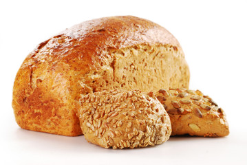 Loaf of bread and rolls isolated on white