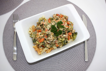 Dish of pasta with mixed vegetables