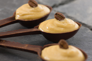 coffee mousse in a dark chocolate spoon