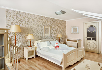 Modern art deco style bedroom interior in light beige colors