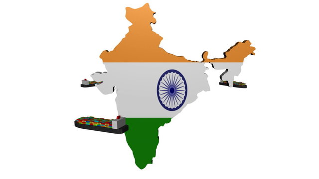India map flag with container ships circling animation