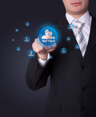 Man pressing social network button