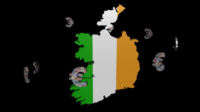 euro symbols rotating round Ireland map flag animation