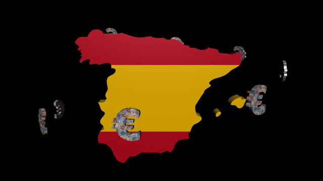 euro symbols rotating round Spain map flag animation