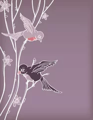 Fototapete Vögel im Wald Vektorvögel sitzen auf einem blühenden Baum