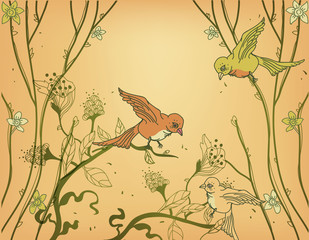 vector birds flying among blooming branches
