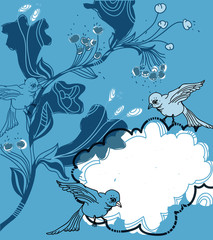 Fototapeta na wymiar vector frame with blue birds and fantasy flowers