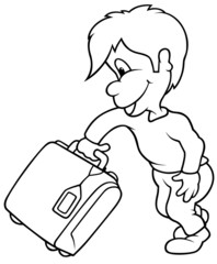 Boy and Travel Case - Black and White Cartoon illustration