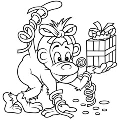 Monkey and Gift - Black and White Cartoon illustratio