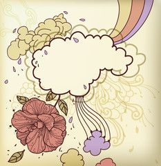 vector frame  with hand drawn  clouds and a single bright flower - 29346838