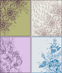 set of 4 vector cards  with fantasy  hand drawn flowers