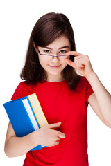 Girl holding books isolated on white background