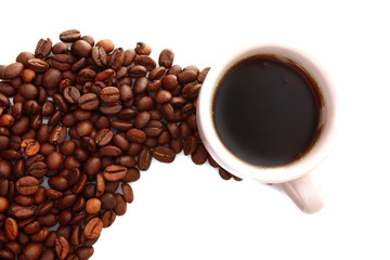 Small white cup of coffee with coffee grain on grain background