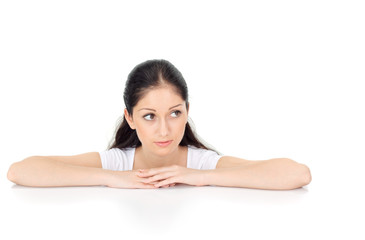 Young beautiful lady with big eyes sensitive looking at camera