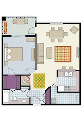 Floor plan of one-bedroom condo with furniture