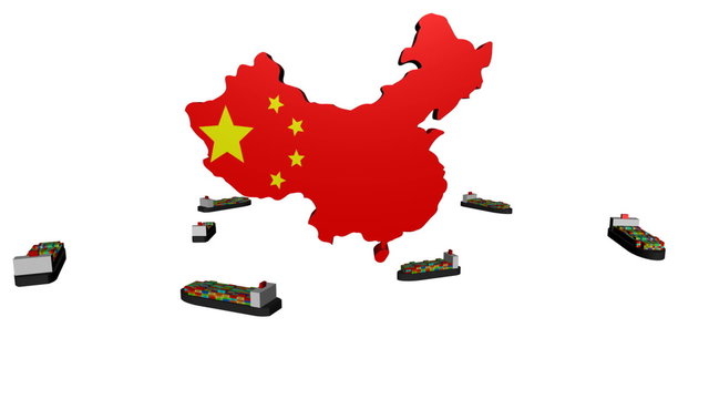 China map flag with container ships circling animation