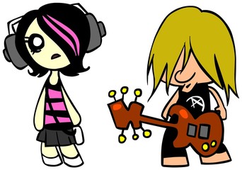 Emo girl  with a player and a guy with a guitar.