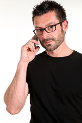 man and phone on white background