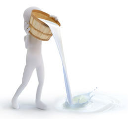 3d man emptying a bucket with milk