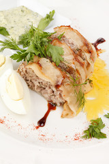 meat pie with egg and sauce