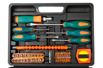 Tool kit in black box isolated on white