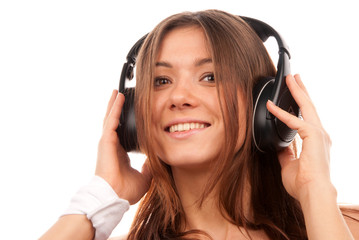 Pretty young DJ woman listening dance music