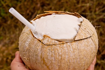 Remove the skin of the coconut pile.