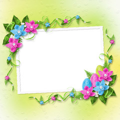 Pastel background with colored eggs and orchids to celebrate Eas