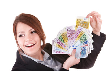Young woman holding euro money.