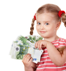 Happy child with money euro.