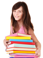 Girl with pile colored book .