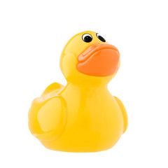 Classic toy, yellow plastic duck, isolated on white.