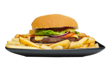 burger and chips on a plate isolated on white background