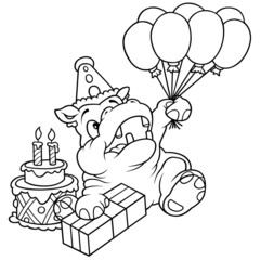 Hippo and Balloons - Black and White Cartoon illustration