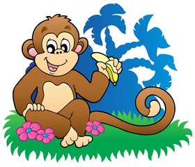 Affe isst Banane in der Nähe von Palmen