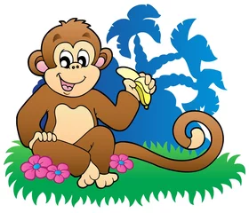 Foto op Plexiglas Zoo Aap die banaan eet in de buurt van palmen
