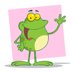 Happy Frog Cartoon Mascot Character Waving A Greeting