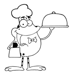 Outlined Frog Cartoon Mascot Character Chef Serving Food