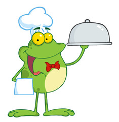 Obraz premium Frog Cartoon Mascot Character Chef Serving Food