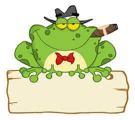 Frog Cartoon Mobster With A Hat And Cigar Over A Blank Wood Sign