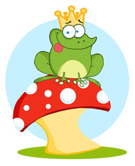 Frog Prince Sitting On A Mushroom Over Blue