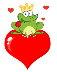 Frog Prince With A Rose Over Red Heart